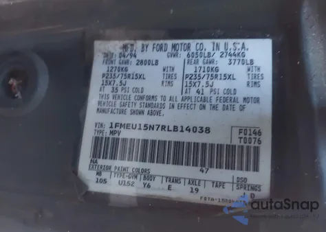 1994 Ford Bronco U100 z USA, uszkodzony, nr VIN 1FMEU15N7RLB14038